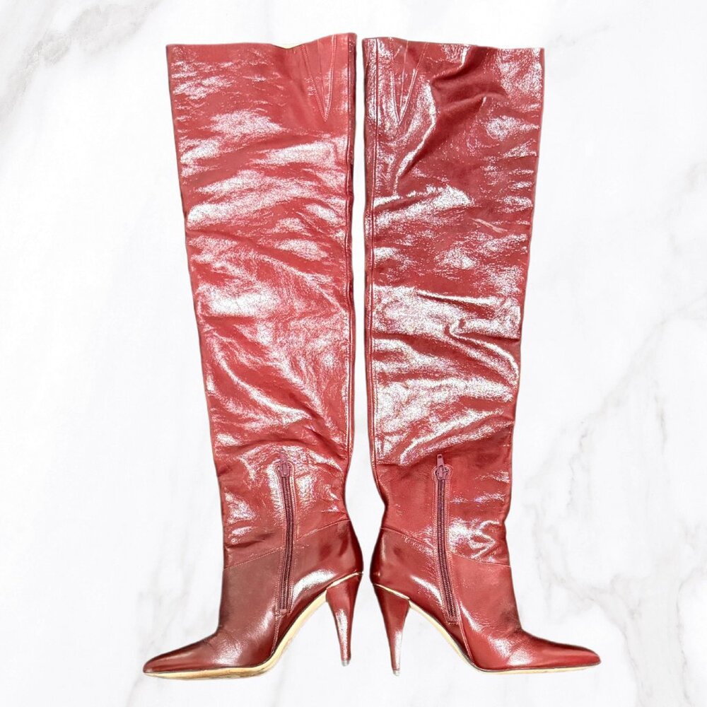 Michael Kors Women's Darrah Oxblood Patent Knee High Heeled Boots, Size 5.5 - Picture 2 of 6